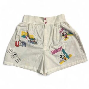 VINTAGE 1986 Mickey Mouse
"USA Hawaii" Surfing Print White High-Waist Shorts